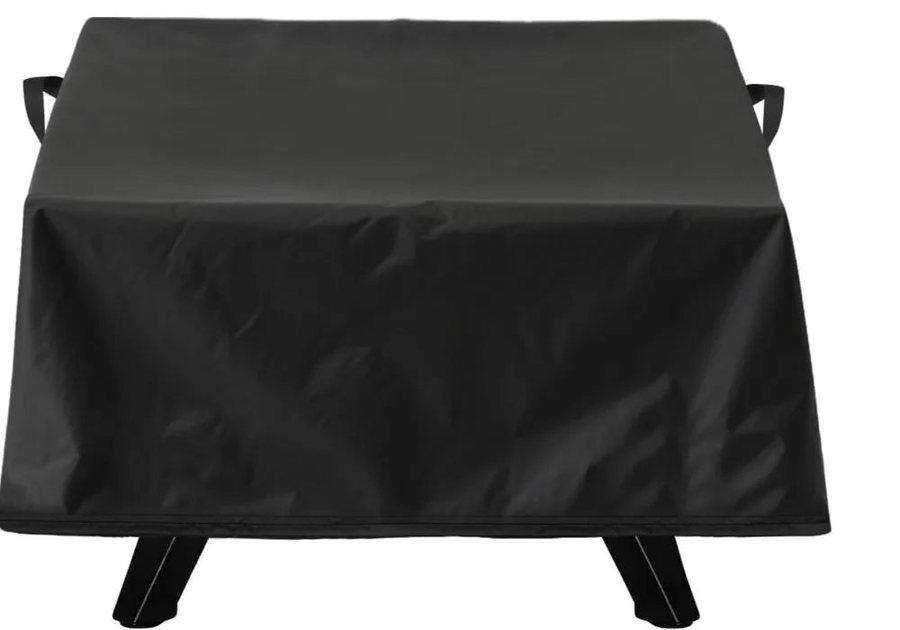 Black weatherproof cover fitted over an outdoor pizza oven