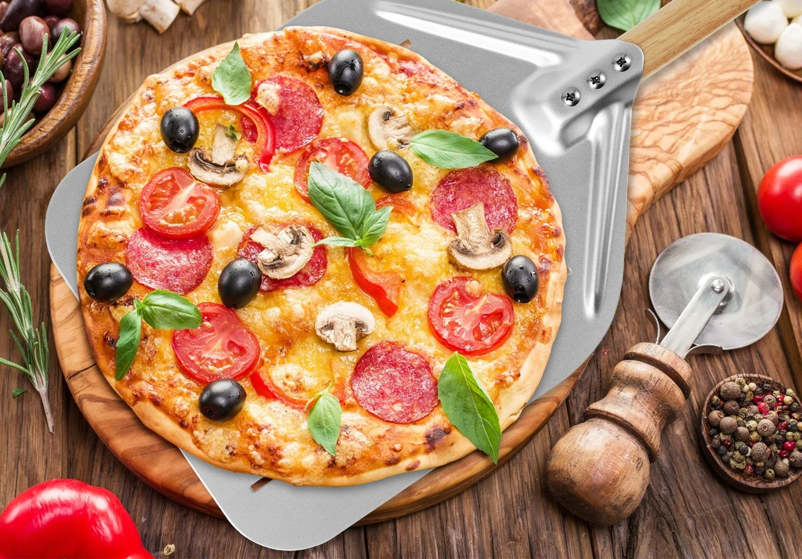 Metal pizza peel with wood handle beside a fresh baked pizza on a wooden board